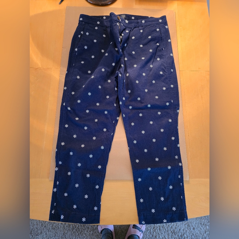 J. Crew Navy Blue Pants with White Snowflake Pattern